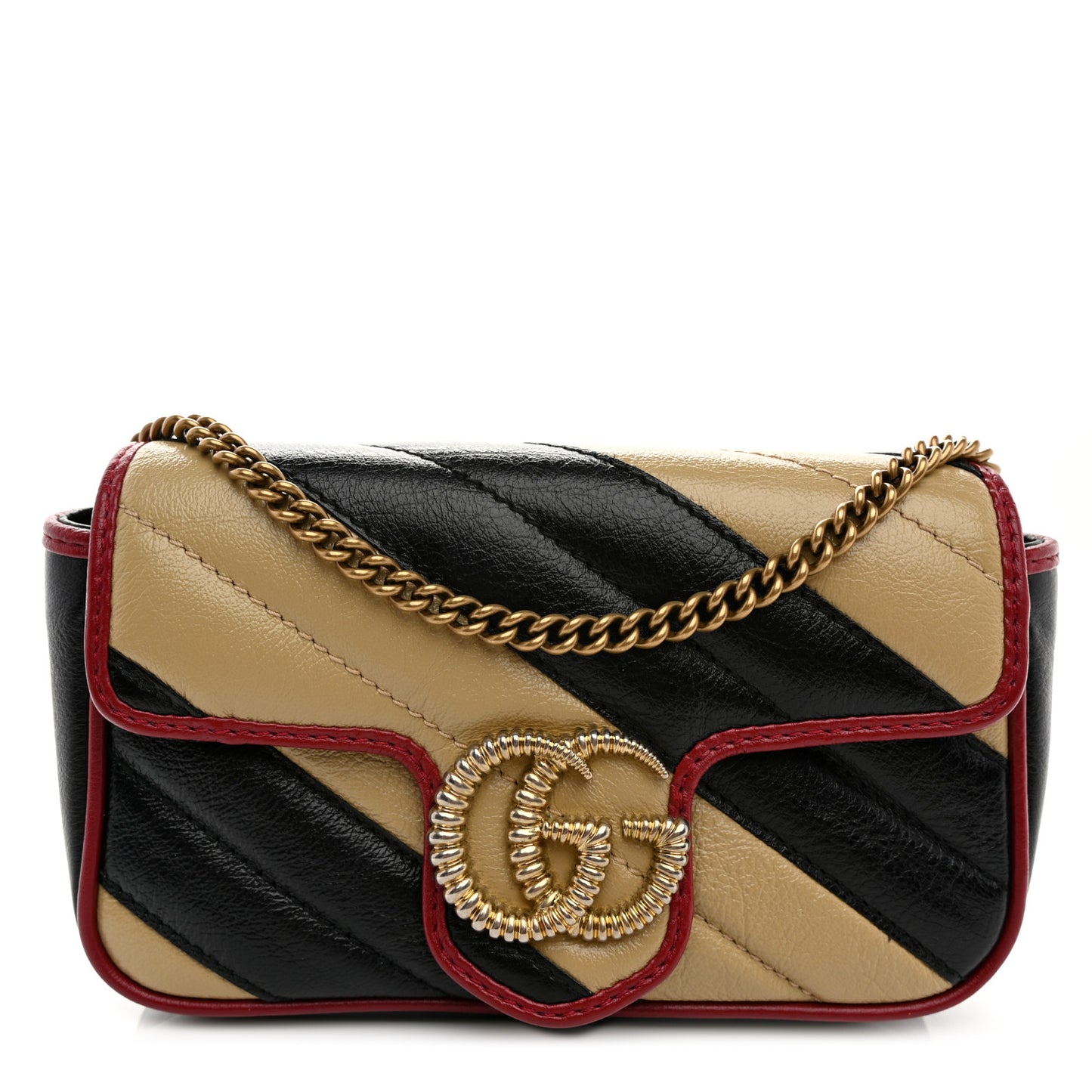 Vintage Effect Calfskin Matelasse Diagonal Striped Super Mini Torchon GG Marmont Shoulder Bag Black Beige