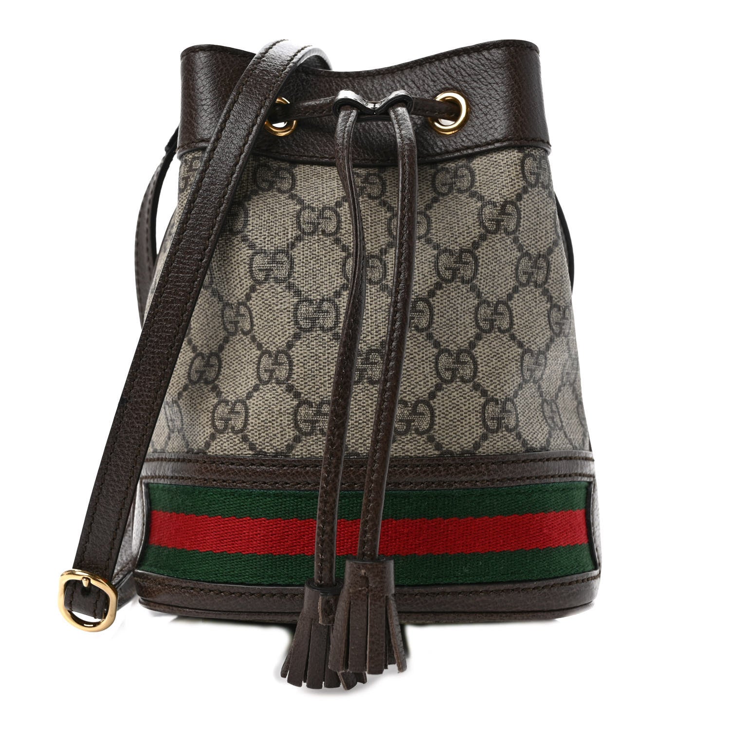 Gucci GG Supreme Monogram Web Mini Ophidia Bucket Bag Brown 1 of 9