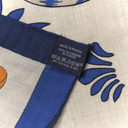 Hermes Cashmere Silk Les Leopards Shawl 140 Naturel Bleu Orange 3 of 8