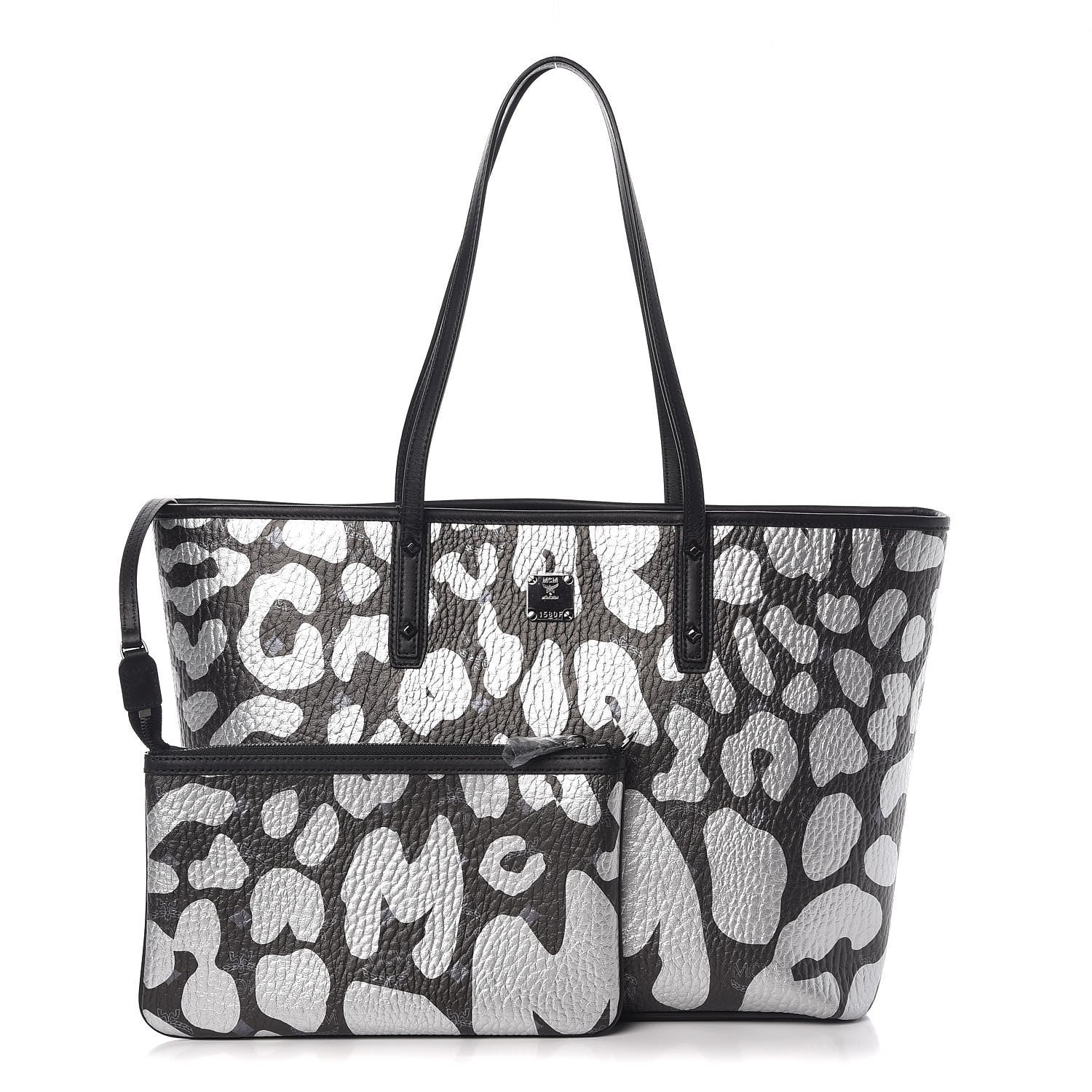 MCM Visetos Metallic Leopard Print Medium Anya Shopper Tote Black 1 of 9