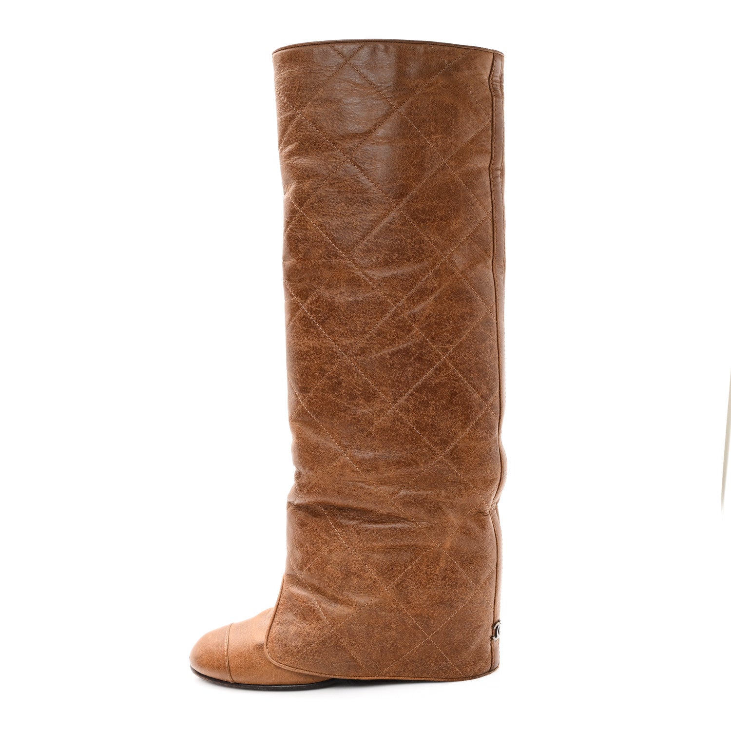 Chanel Calfskin Quilted CC High Boots 37.5 Brown 1 of 9