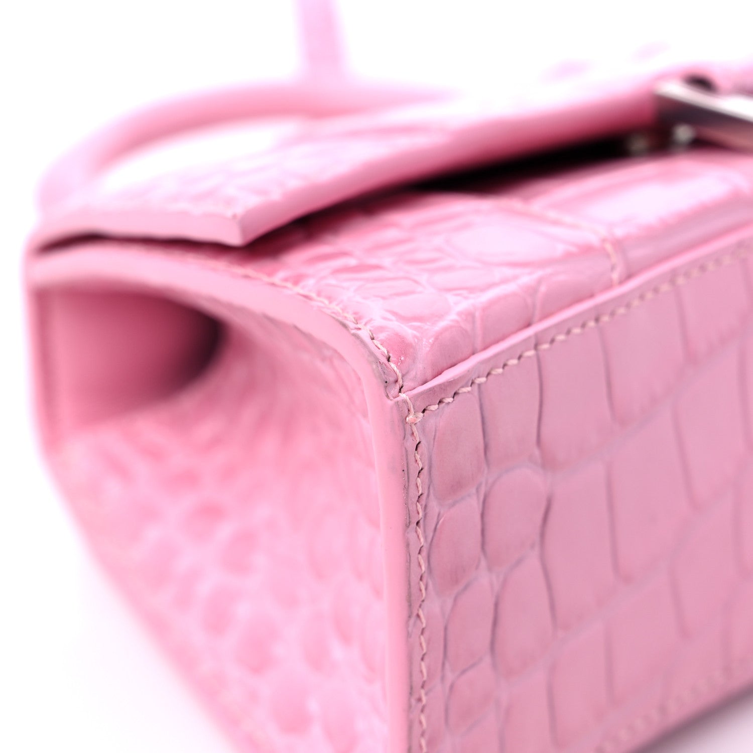 Balenciaga Shiny Calfskin Crocodile Embossed Hourglass Top Handle Bag XS Pink 9 of 15