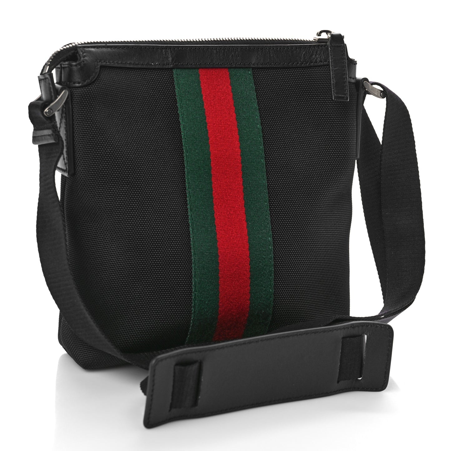 Techno Canvas Selleria Calfskin Web Small Flat Messenger Bag Black