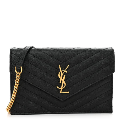 Saint Laurent Grain De Poudre Matelasse Chevron Monogram Envelope Chain Wallet Black 1 of 10