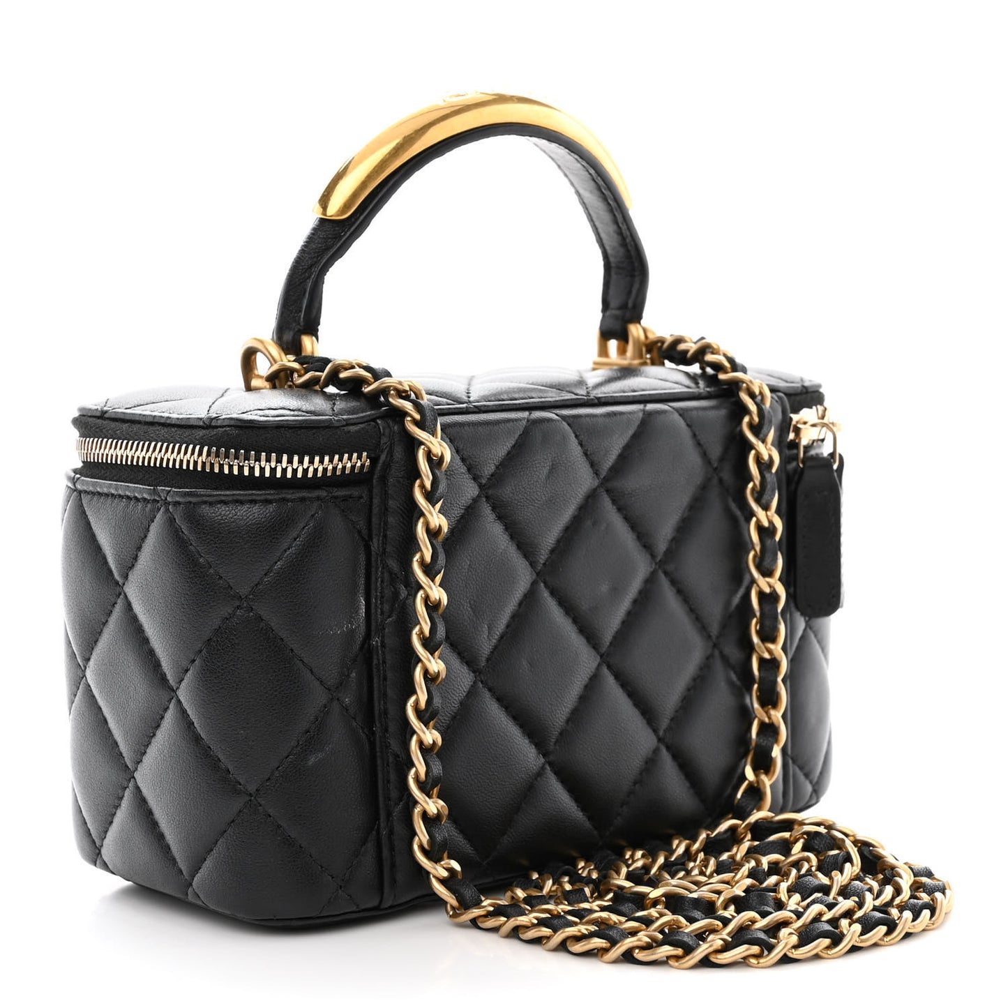 Lambskin Quilted Metal Small Top Handle Vanity Case With Chain Black