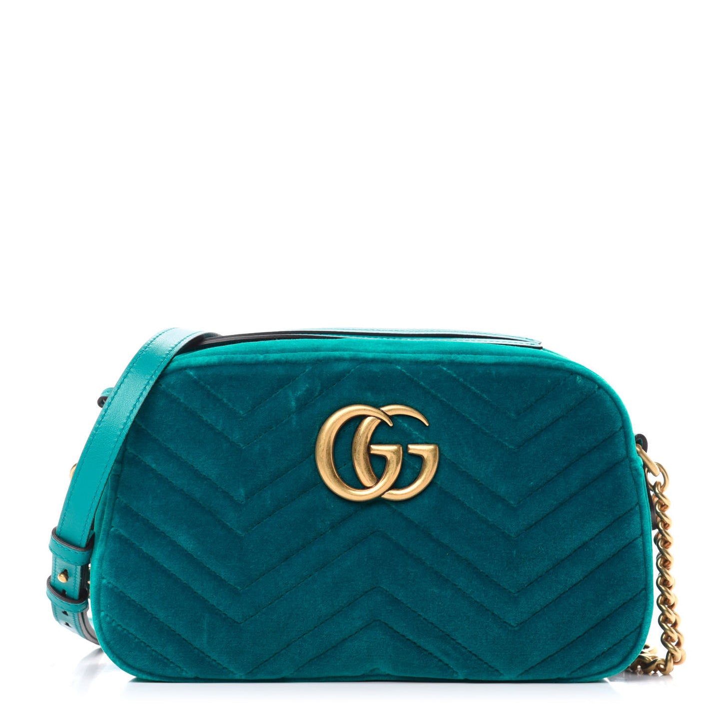 Velvet Matelasse Small GG Marmont Chain Shoulder Bag Pavone Cyan
