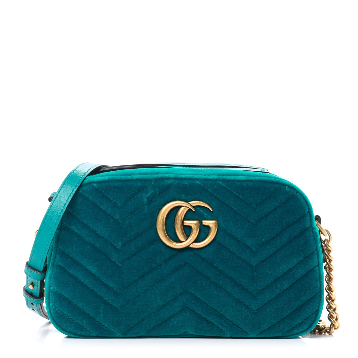 Gucci Velvet Matelasse Small GG Marmont Chain Shoulder Bag Pavone Cyan 1 of 11
