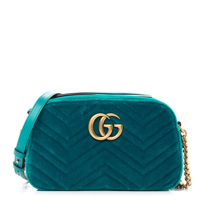 Gucci Velvet Matelasse Small GG Marmont Chain Shoulder Bag Pavone Cyan 1 of 11