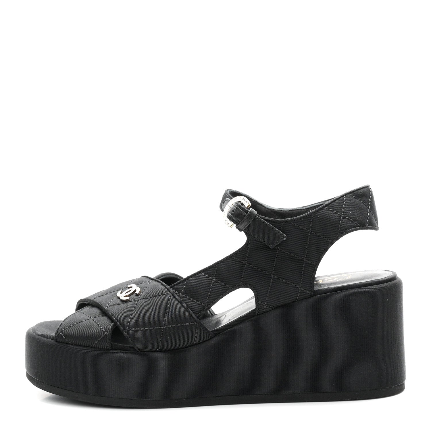 Chanel Grosgrain Quilted Crystal CC Platform Sandals 38.5 Black 1 of 9