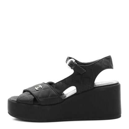 Chanel Grosgrain Quilted Crystal CC Platform Sandals 38.5 Black 1 of 9