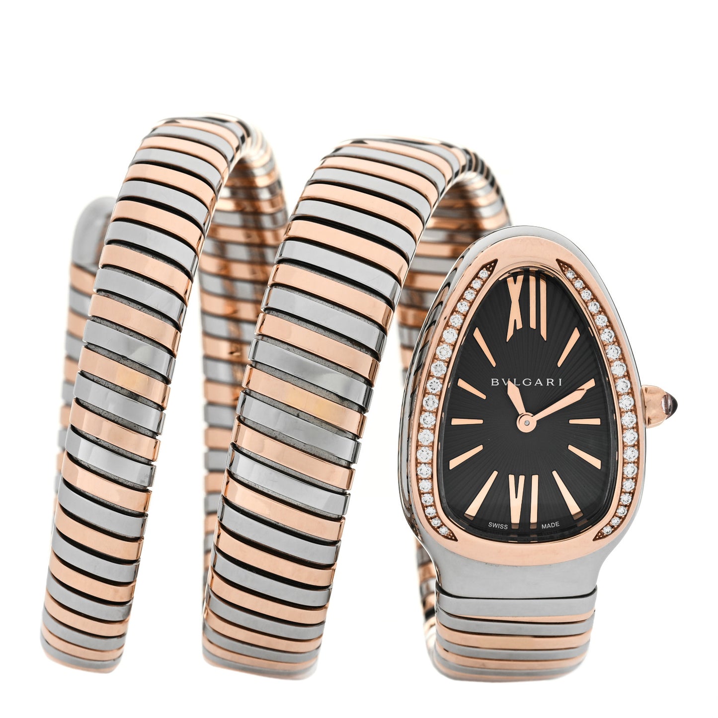 Stainless Steel 18K Rose Gold Diamond Bezel 35mm Serpenti Tubogas Double Spiral Quartz Watch Black