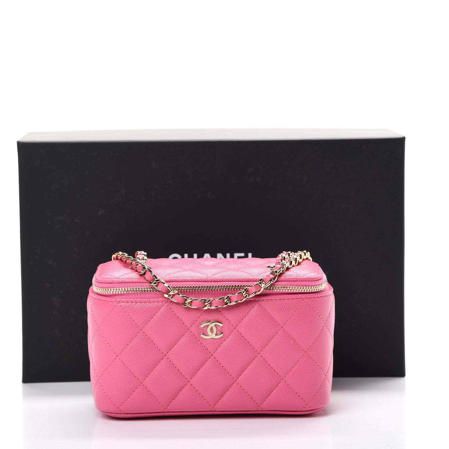 Caviar Quilted Small Vanity Case With Chain Pink