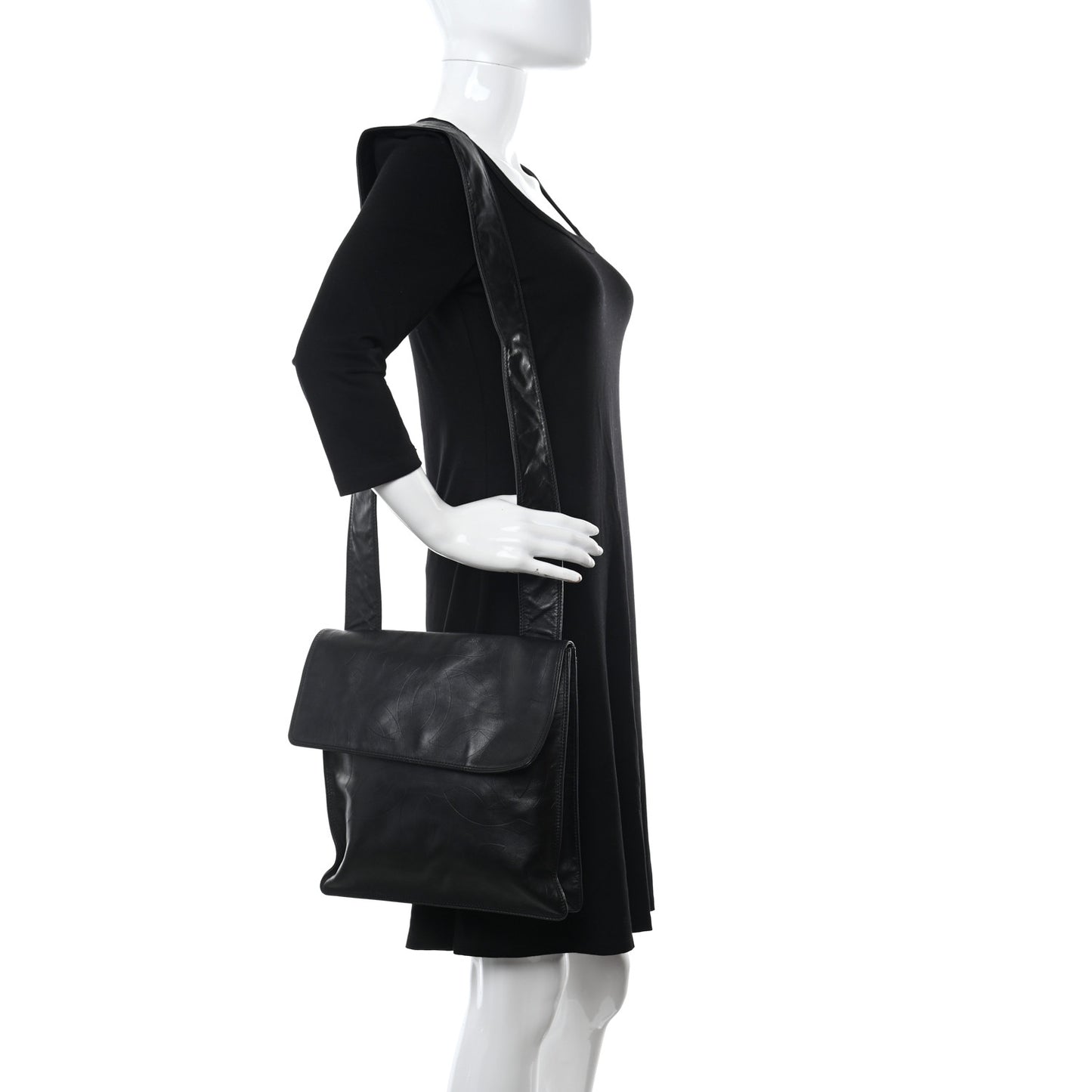 Calfskin Embossed CC Messenger Bag Black