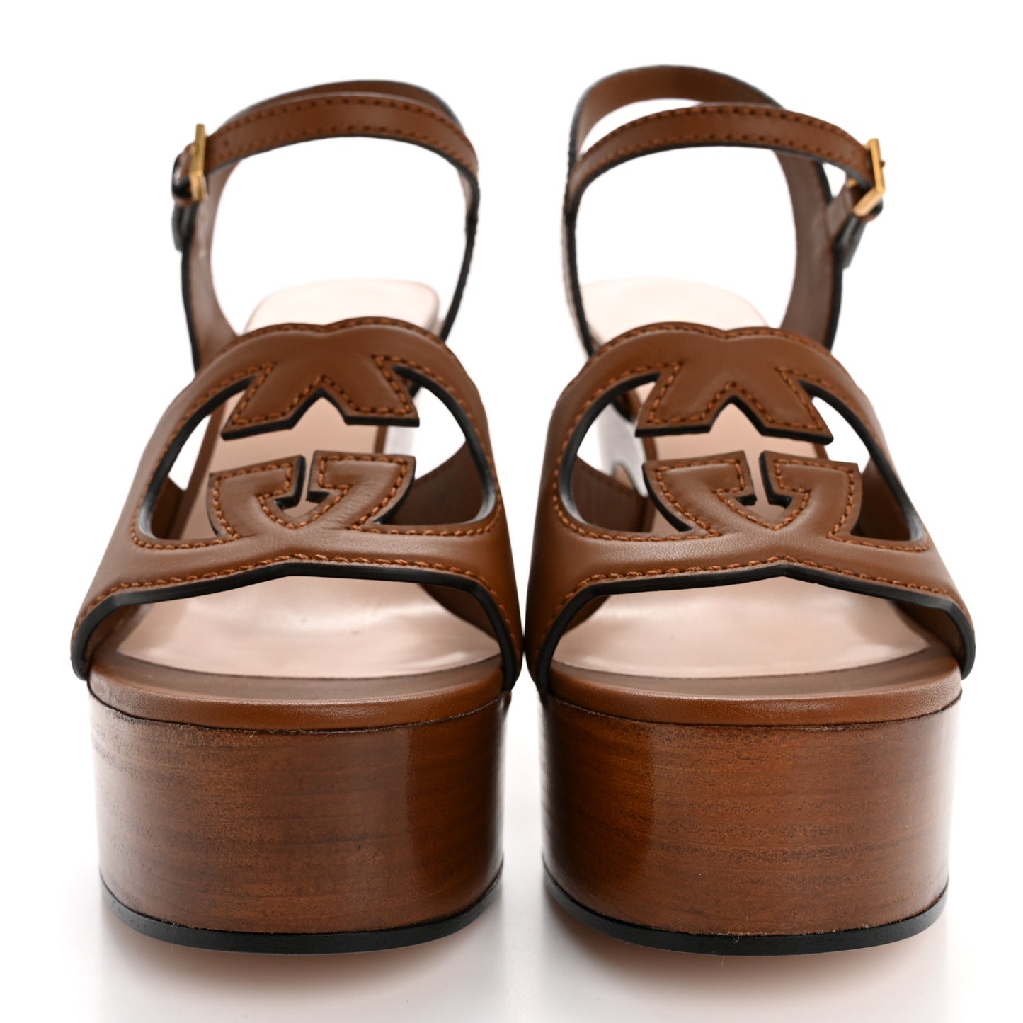 Cosmos Softy Calfskin Wooden Interlocking G Cut-Out 30/120mm Platform Sandals 37.5 Cuir