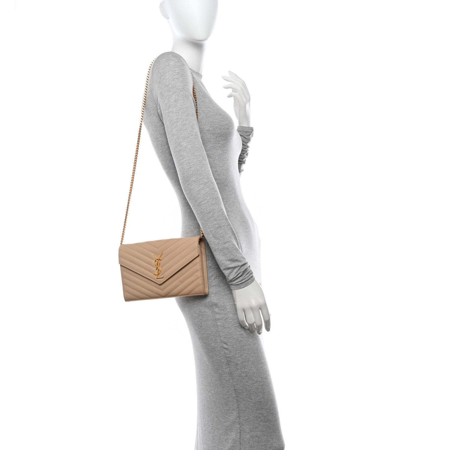 Saint Laurent Grain De Poudre Matelasse Chevron Monogram Chain Wallet Nude Powder 2 of 13