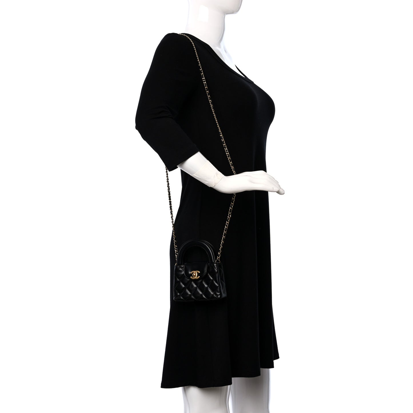 Shiny Aged Calfskin Quilted Mini Nano Kelly Shopper Black