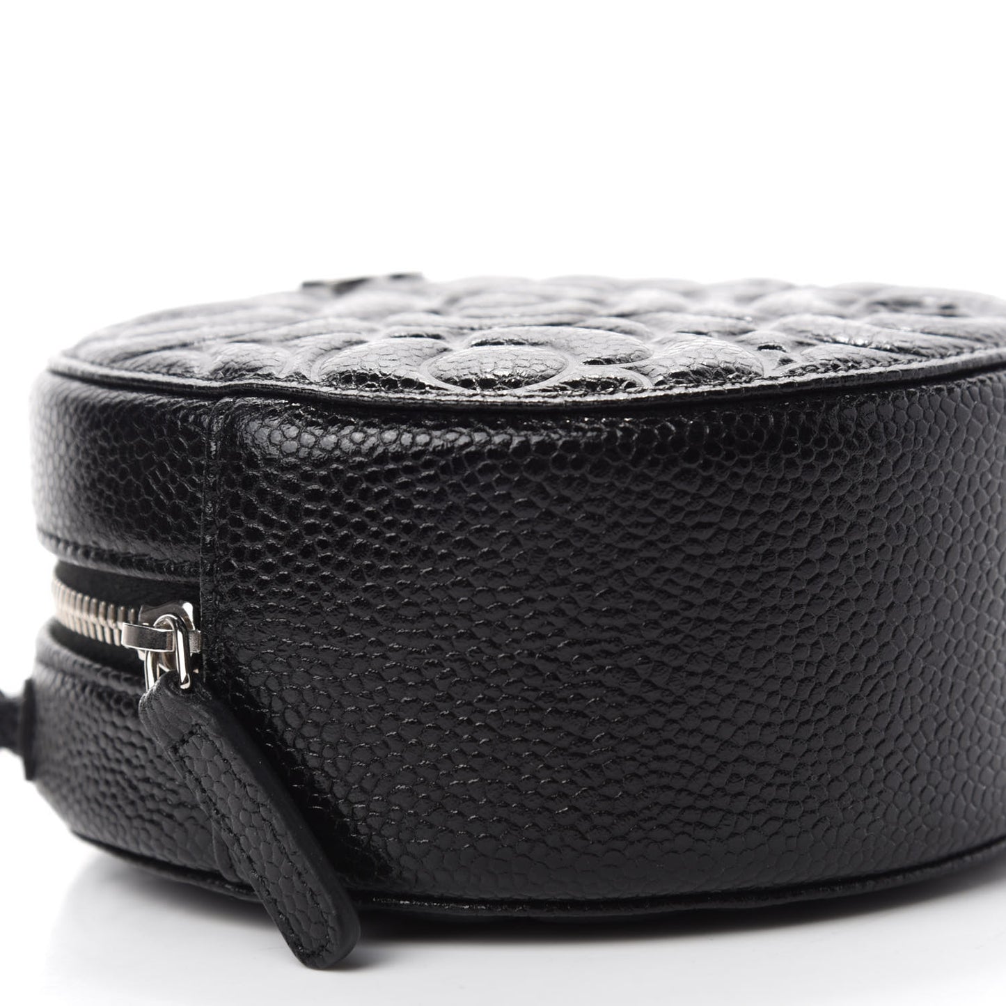 Caviar Camellia Embossed Round Clutch With Chain Black