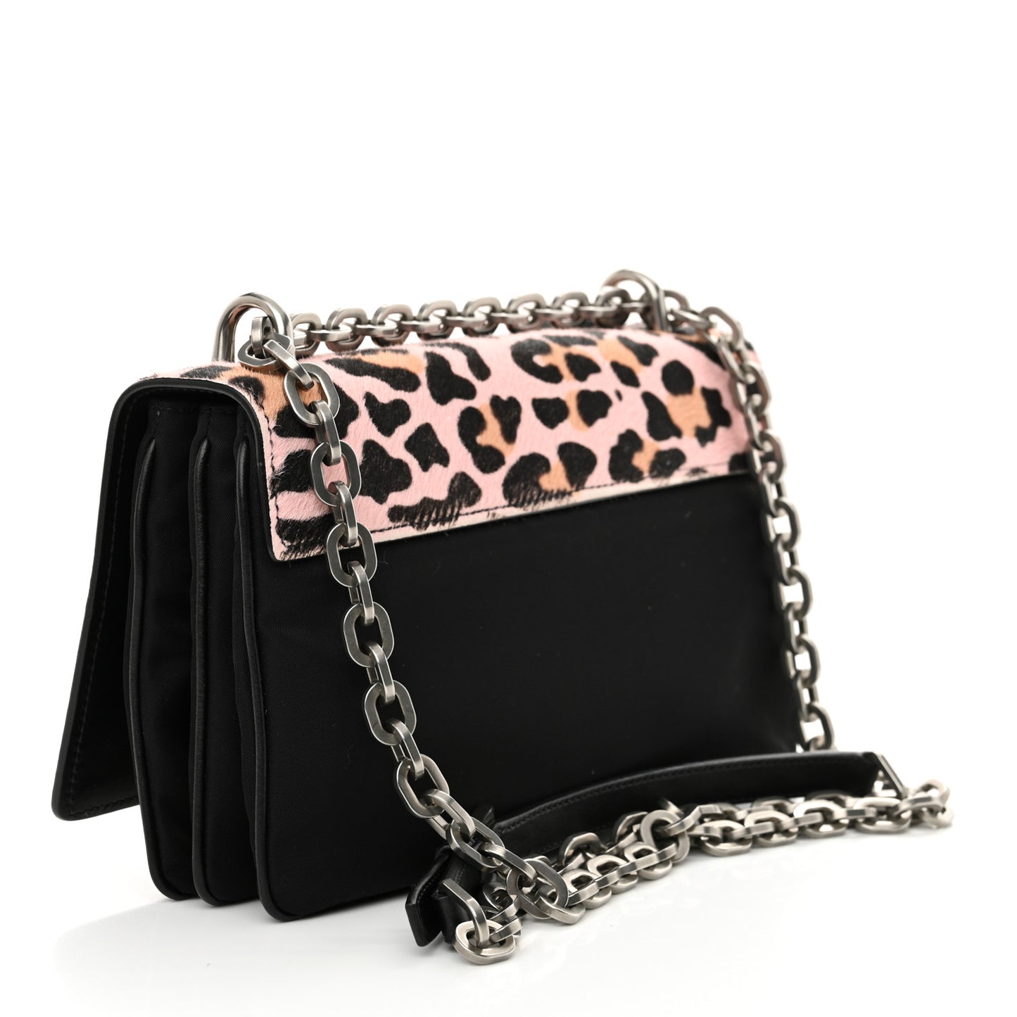 Tessuto Cavallino Leopard Print Lock Flap Chain Shoulder Bag Black Rosa