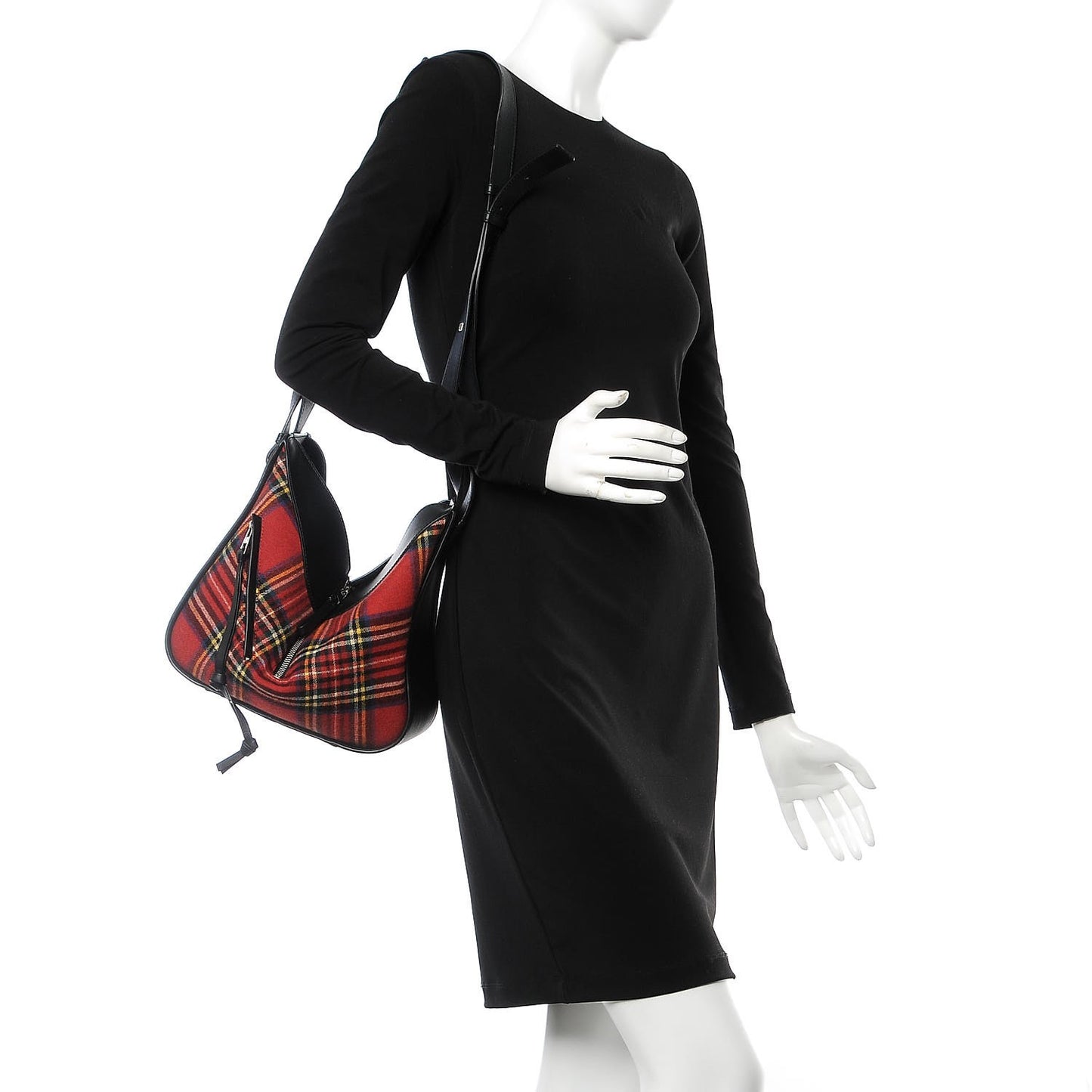 Wool Calfskin Small Hammock Shoulder Bag Black Red Tartan