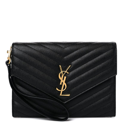 Saint Laurent Grain De Poudre Matelasse Chevron Monogram Envelope Clutch Black 1 of 10