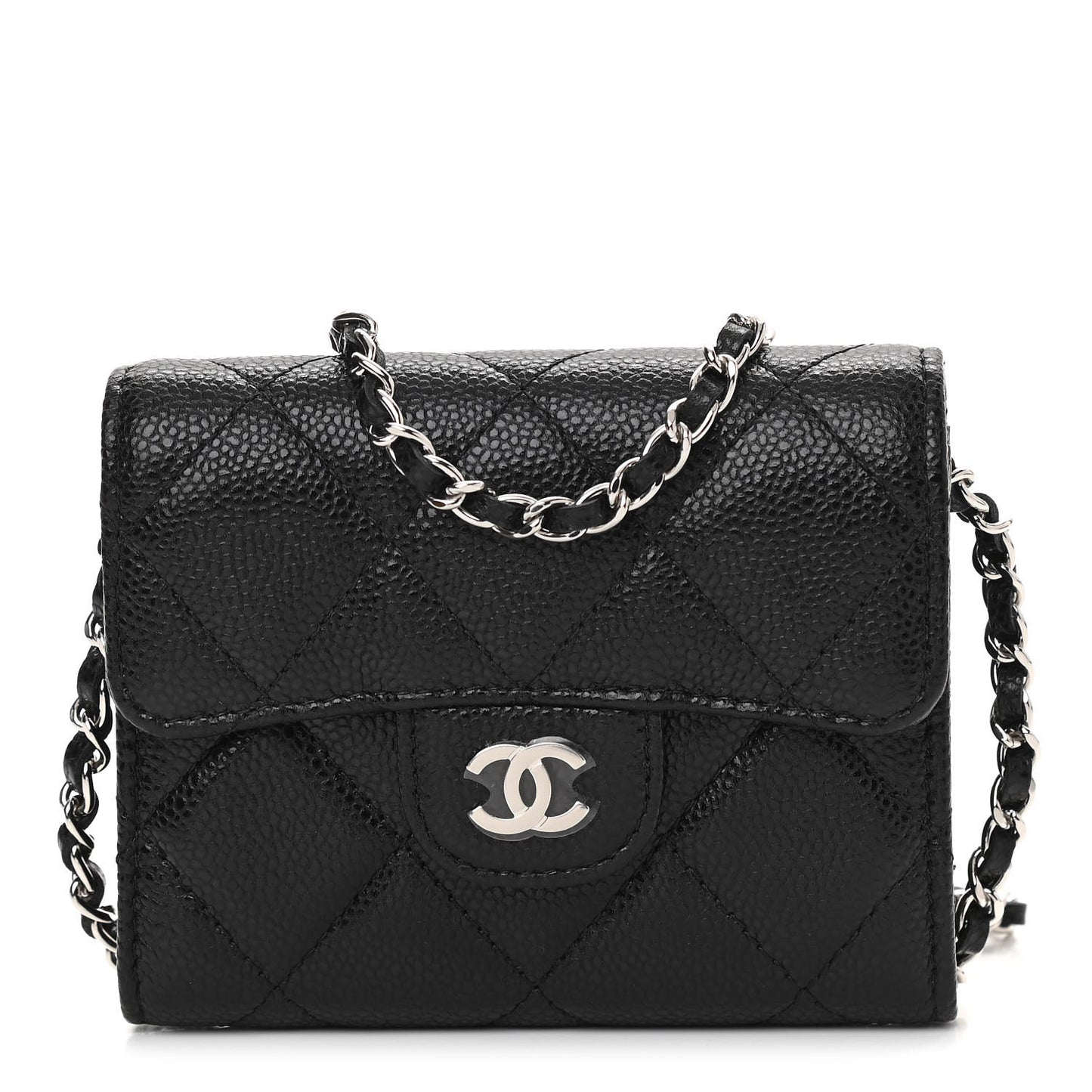 Caviar Quilted Flap Card Holder On Chain Black