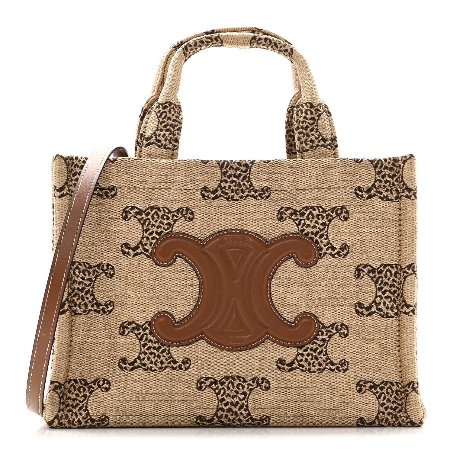 Celine Raffia Effect Calfskin Triomphe Jacquard Small Cabas Natural Tan 1 of 9