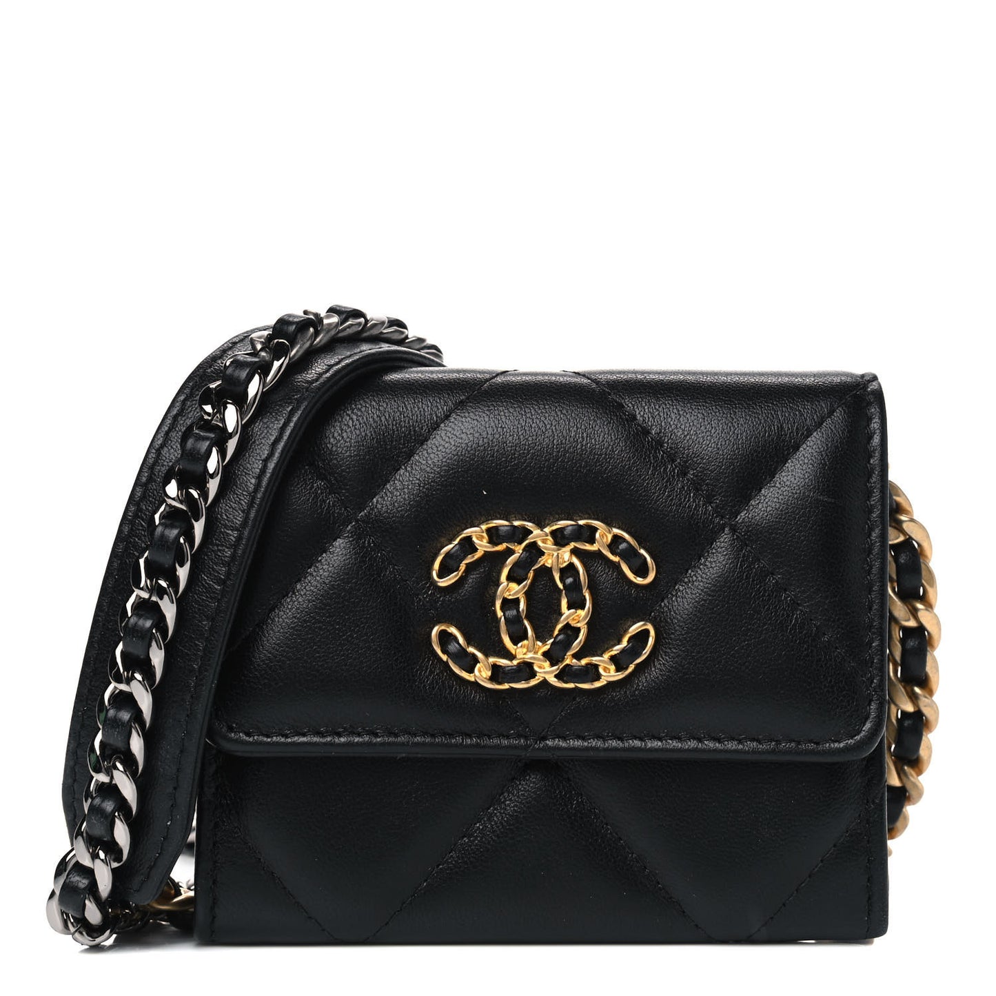 Shiny Goatskin Quilted Chanel 19 Flap Coin Purse With Chain Black
