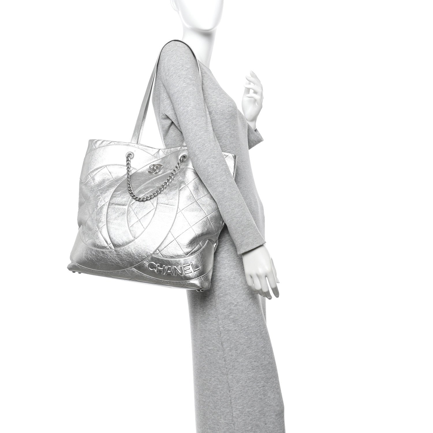 Chanel Metallic Calfskin Stitched CC Club Monaco Tote Silver 2 of 12
