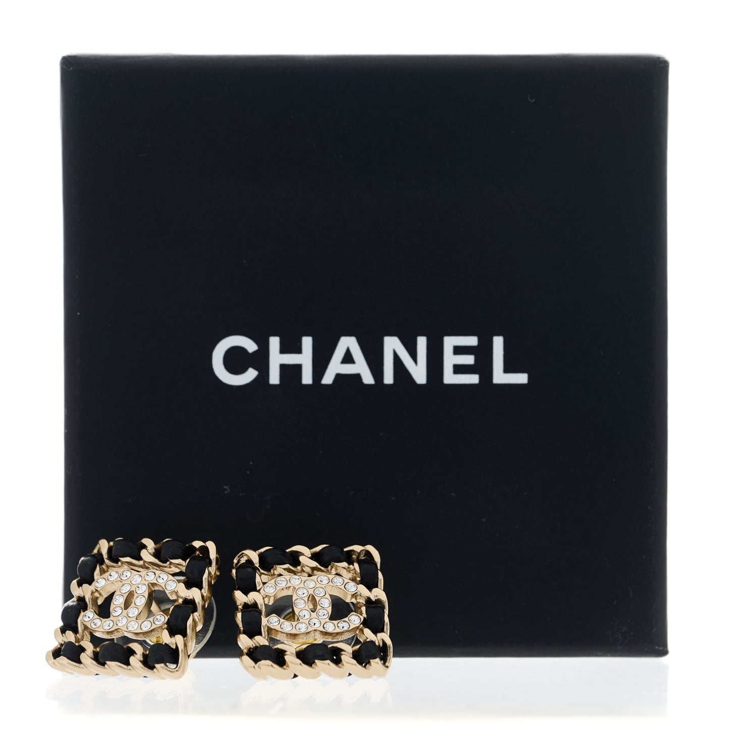 Crystal Lambskin Chain Sergeant Chanel Stud Earrings Black Gold