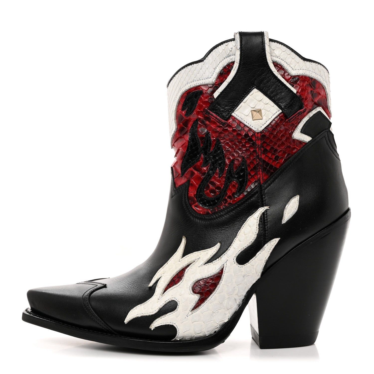 Valentino Garavani Calfskin Snakeskin Flames Western Cowboy Ankle Boots 37 Red White Black 1 of 8