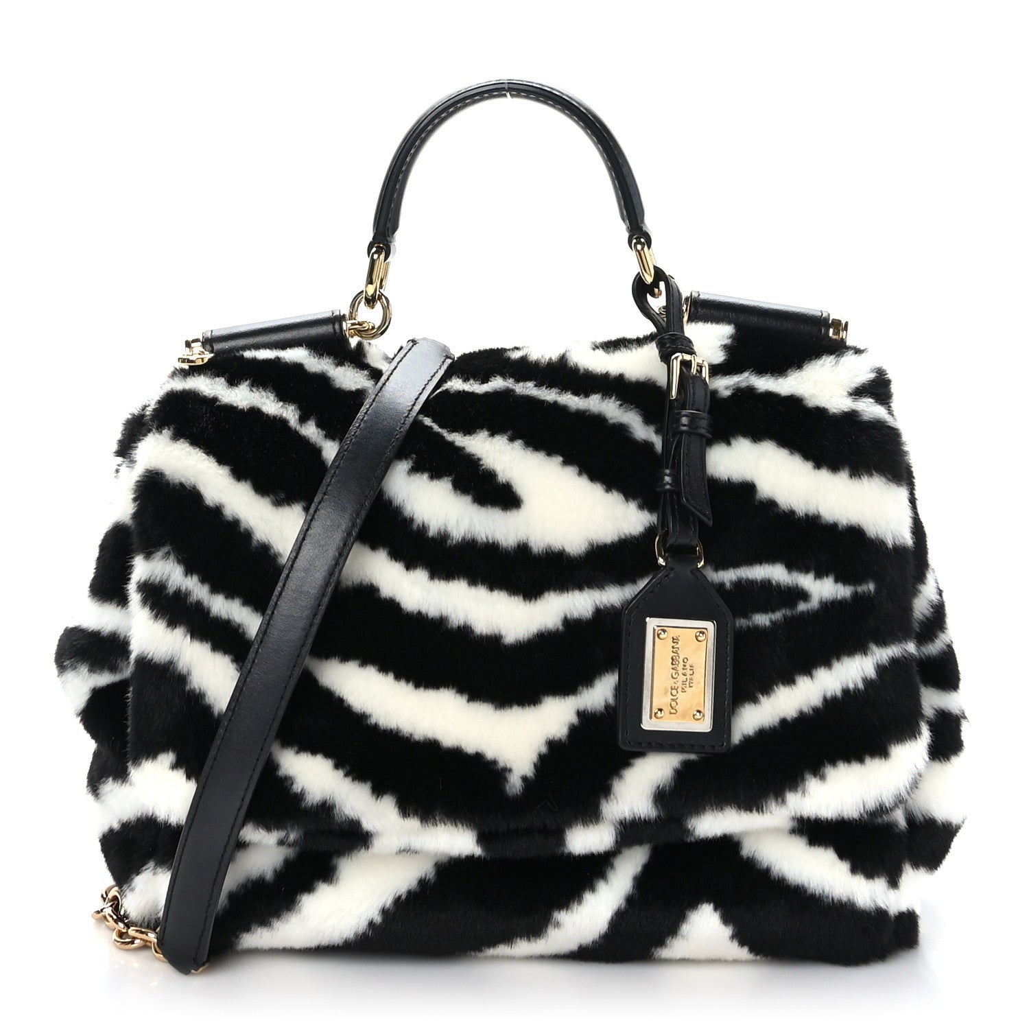 Dolce & Gabbana Faux Fur Zebra Print Miss Sicily Satchel Black White 1 of 8