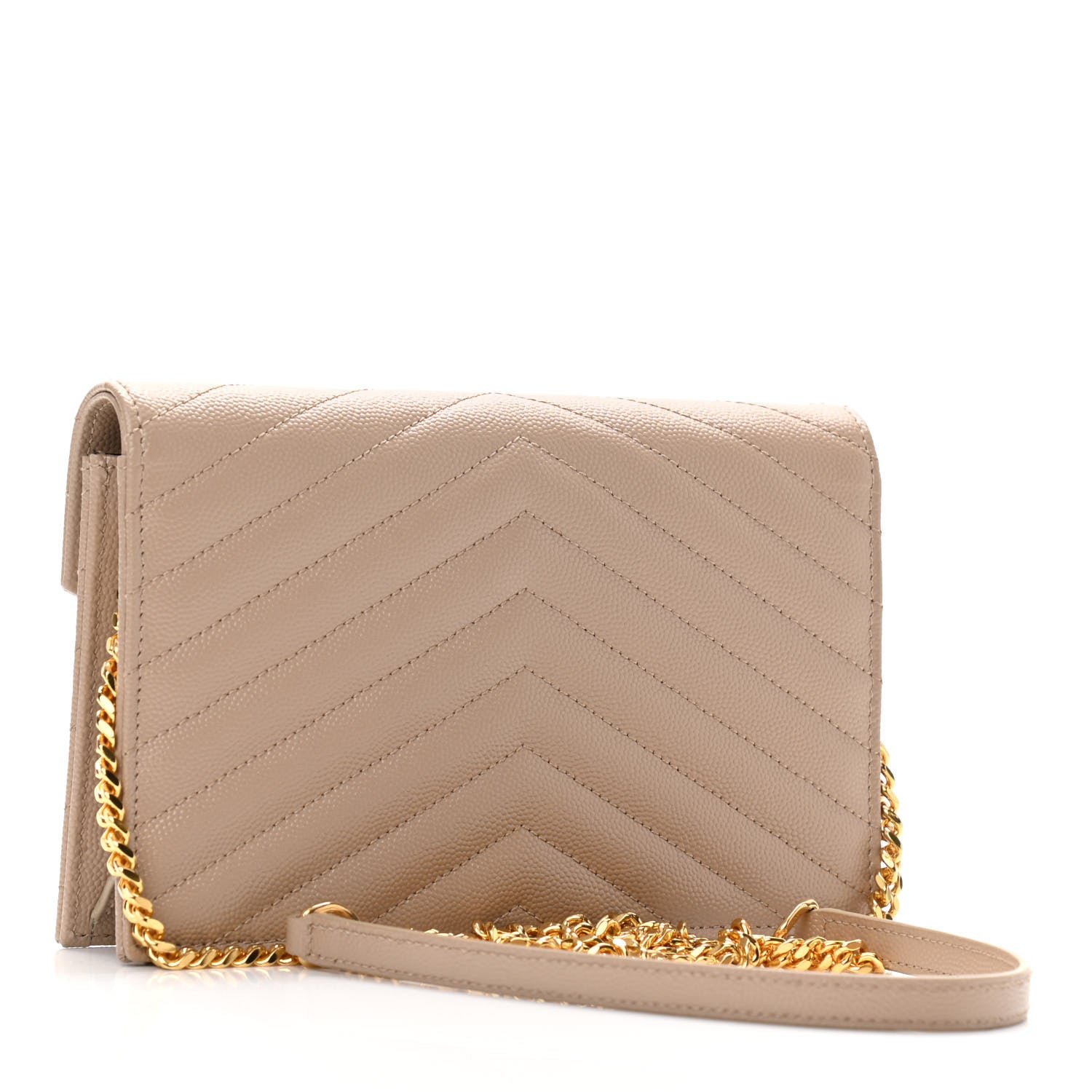 Saint Laurent Grain De Poudre Matelasse Chevron Monogram Envelope Chain Wallet Dark Latte 3 of 9