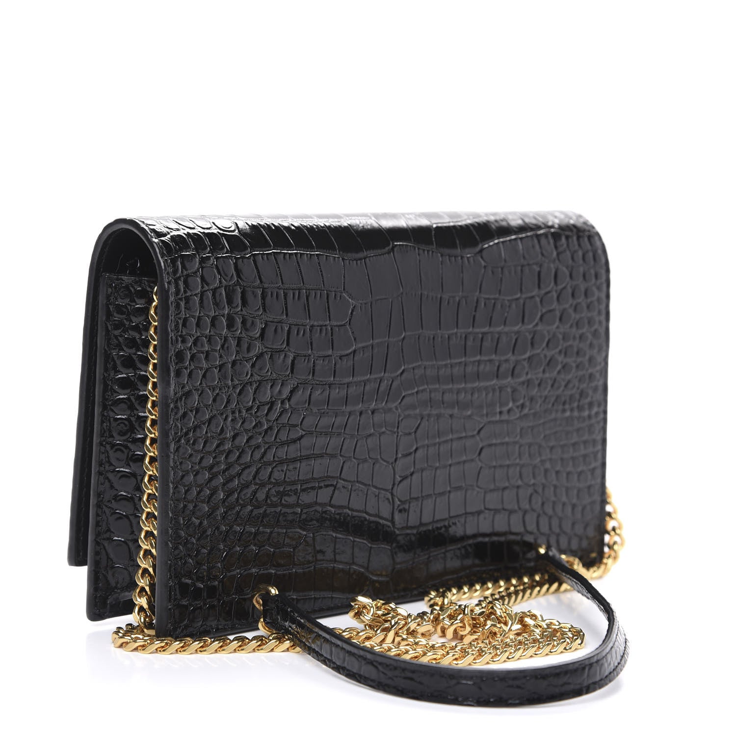 Saint Laurent Calfskin Crocodile Embossed Kate Monogram Tassel Chain Wallet Black 2 of 8