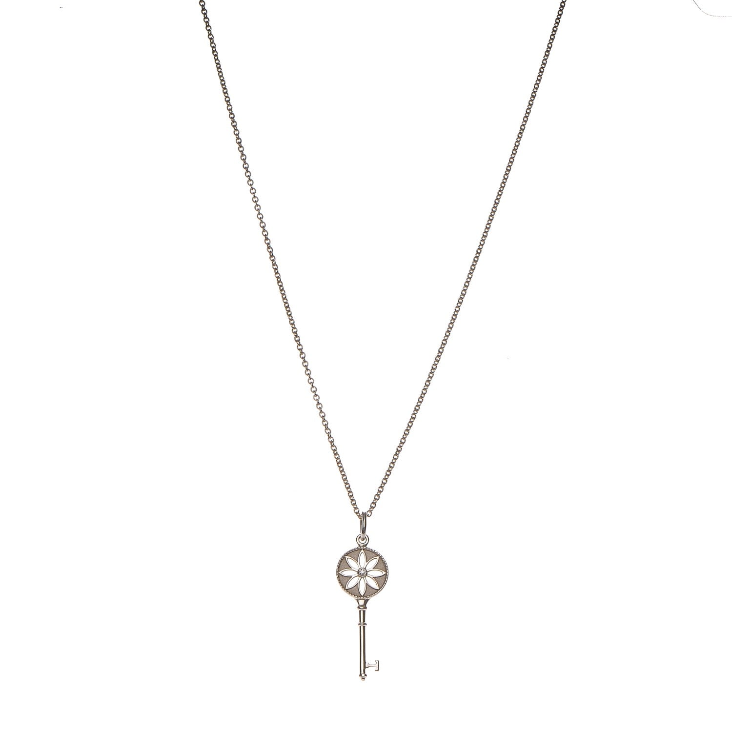 Tiffany Sterling Silver Diamond Small Daisy Key Pendant Necklace 1 of 8