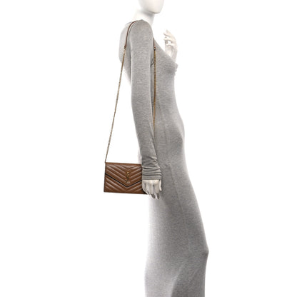 Saint Laurent Grain De Poudre Matelasse Chevron Monogram Envelope Chain Wallet Natural Dark 2 of 16