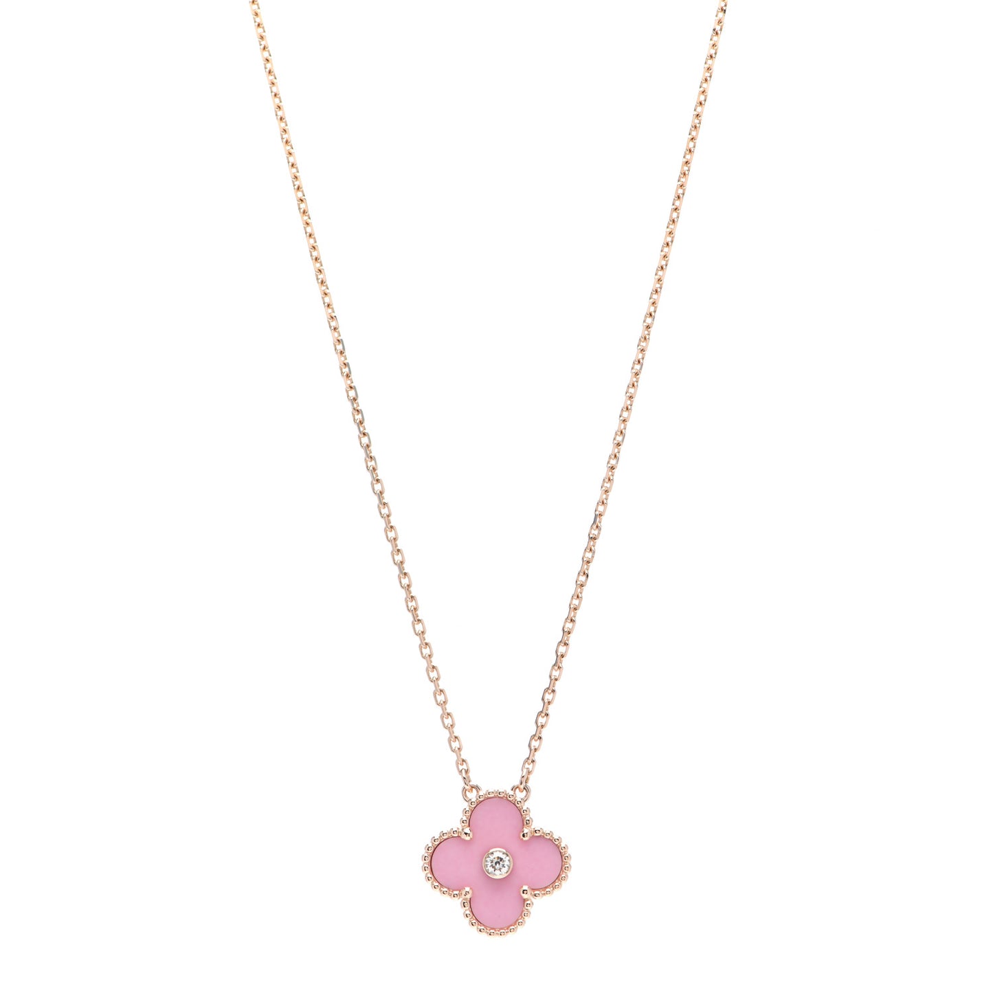 18K Rose Gold Diamond Pink Porcelain Vintage Alhambra Pendant Necklace