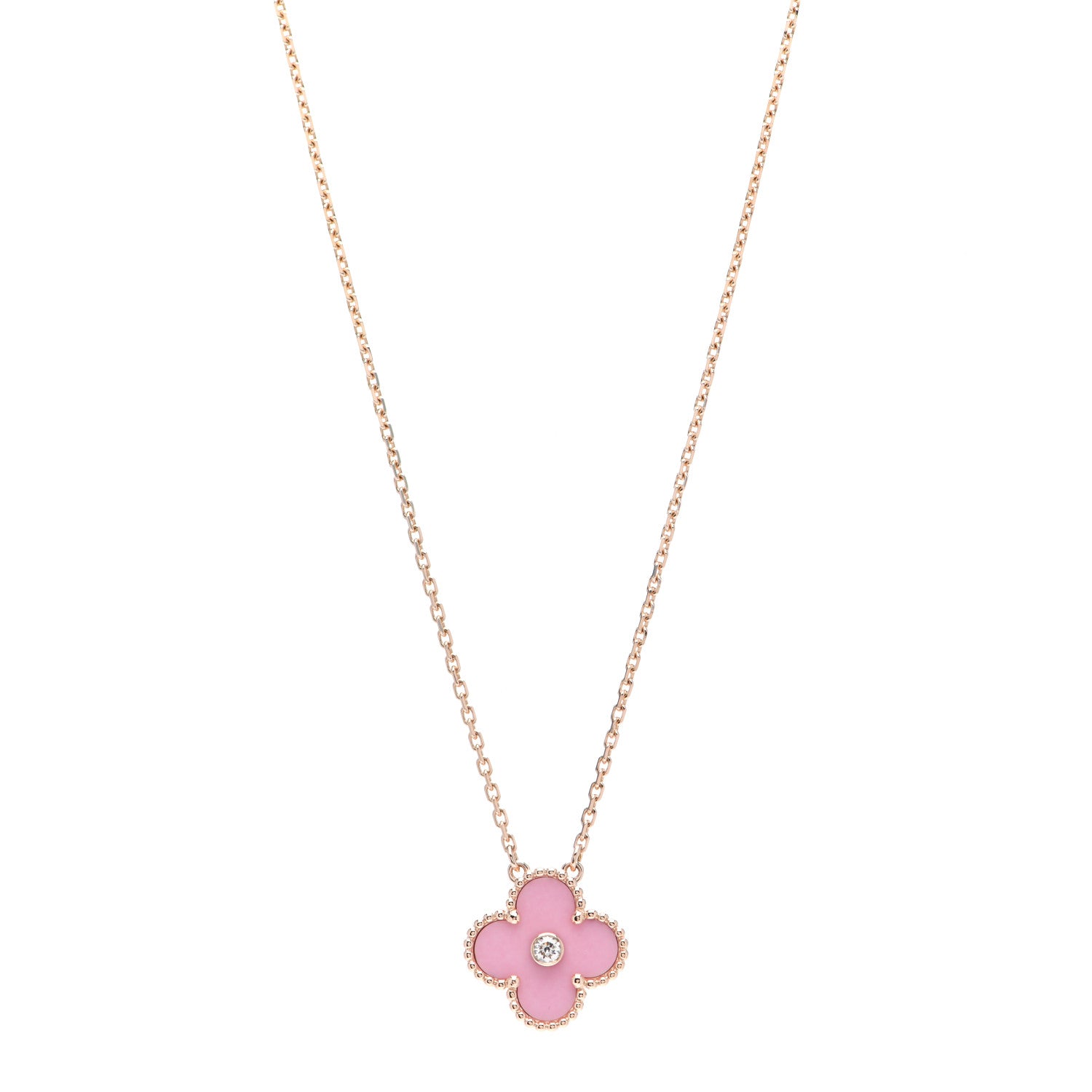 Van Cleef & Arpels 18K Rose Gold Diamond Pink Porcelain Vintage Alhambra Pendant Necklace 1 of 6