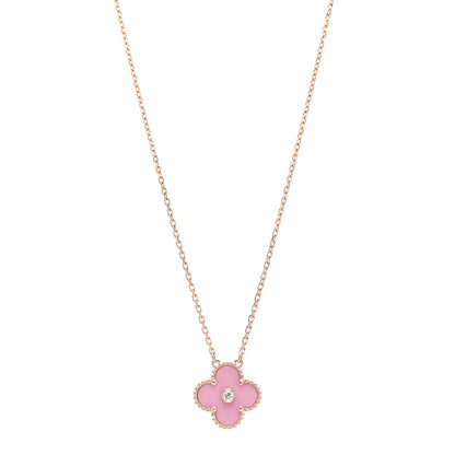 Van Cleef & Arpels 18K Rose Gold Diamond Pink Porcelain Vintage Alhambra Pendant Necklace 1 of 6