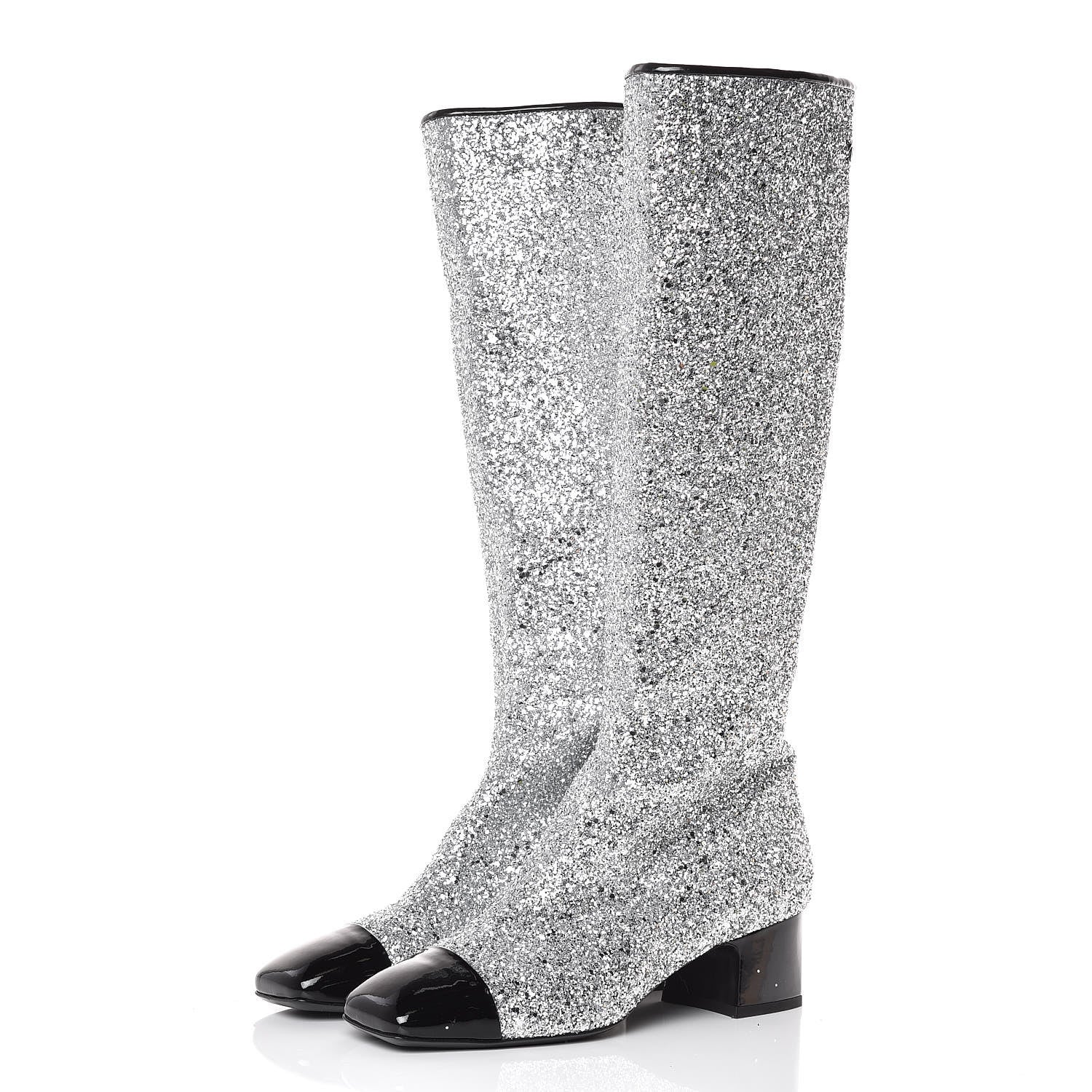Chanel Glitter Patent Calfskin Cap Toe Fantasy High Boots 39.5 Silver Black 3 of 9