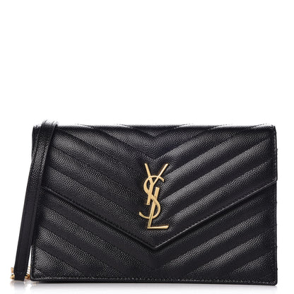 Saint Laurent Grain De Poudre Matelasse Chevron Monogram Envelope Chain Wallet Black 1 of 6