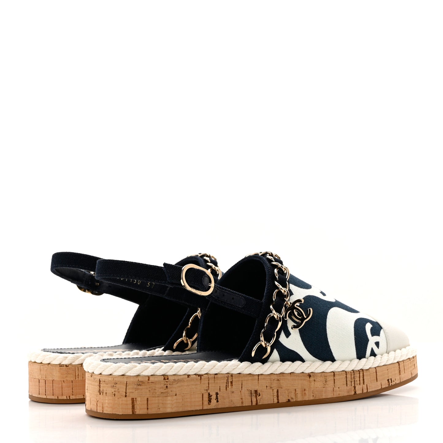 Lambskin Cotton Cork Printed Cap Toe Chain Mules Sandals 37 Navy White
