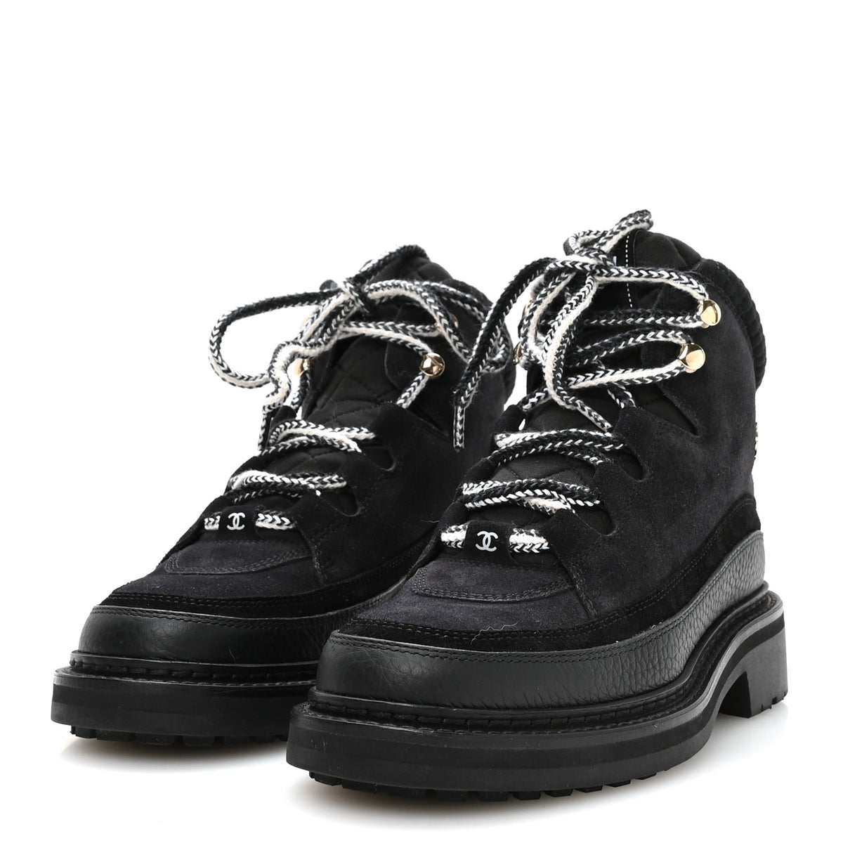 Suede Grained Calfskin CC Lace Up Boots 37 Black