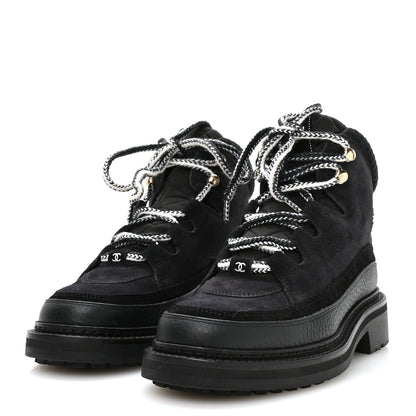 Chanel Suede Grained Calfskin CC Lace Up Boots 37 Black 4 of 9