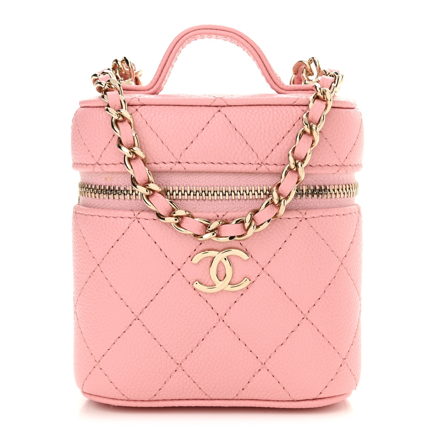 Caviar Quilted Small Handle With Care Vanity Case With Chain Pink
