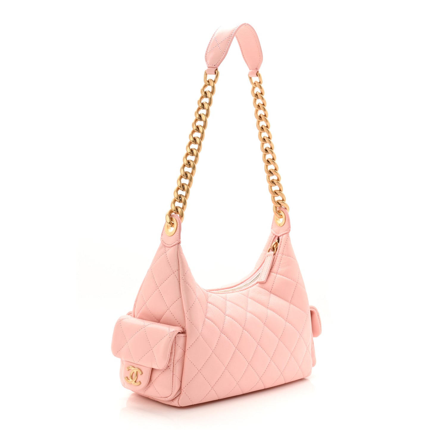 Shiny Lambskin Quilted Trendy Pockets Hobo Light Pink