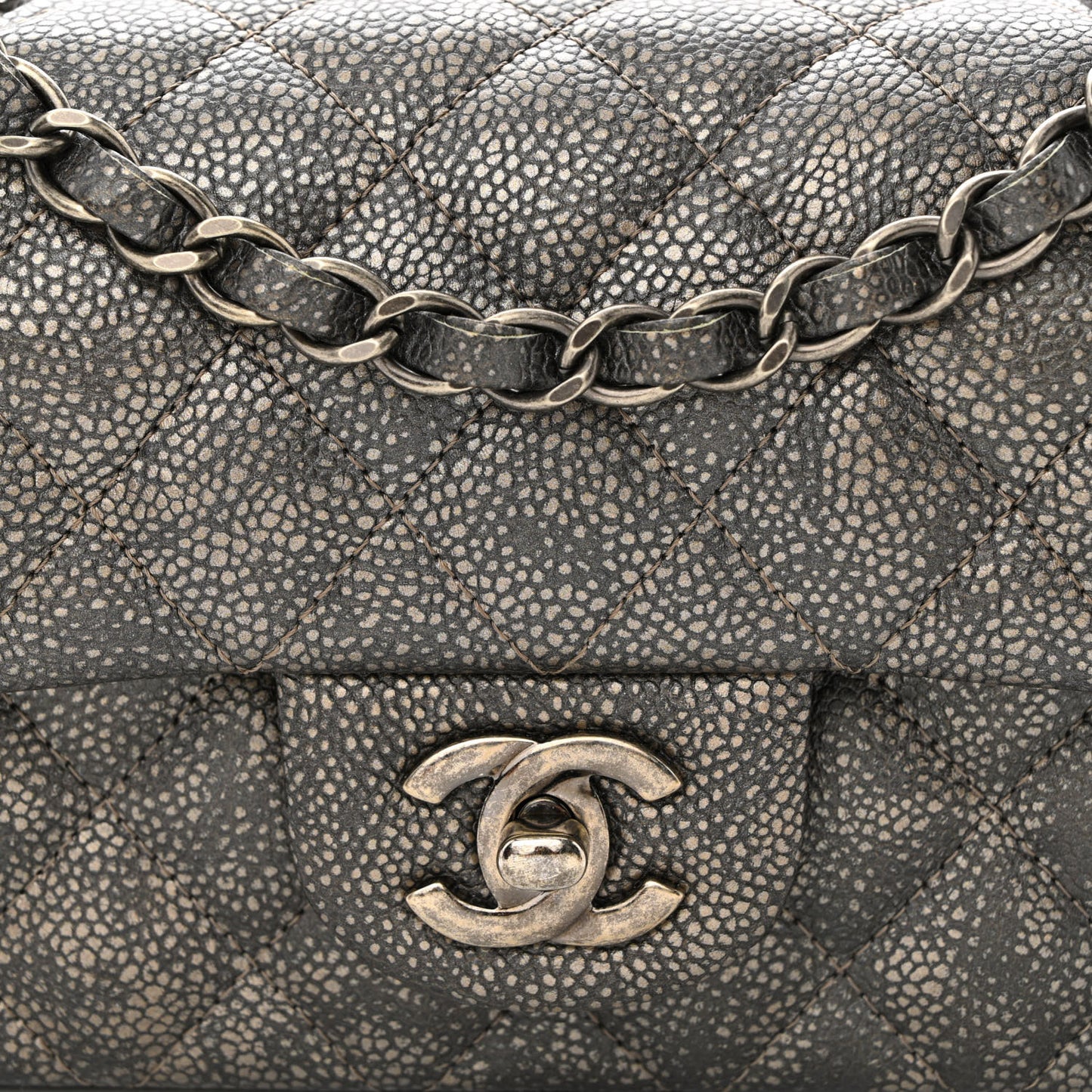 Metallic Caviar Quilted Mini Rectangular Flap Dark Silver
