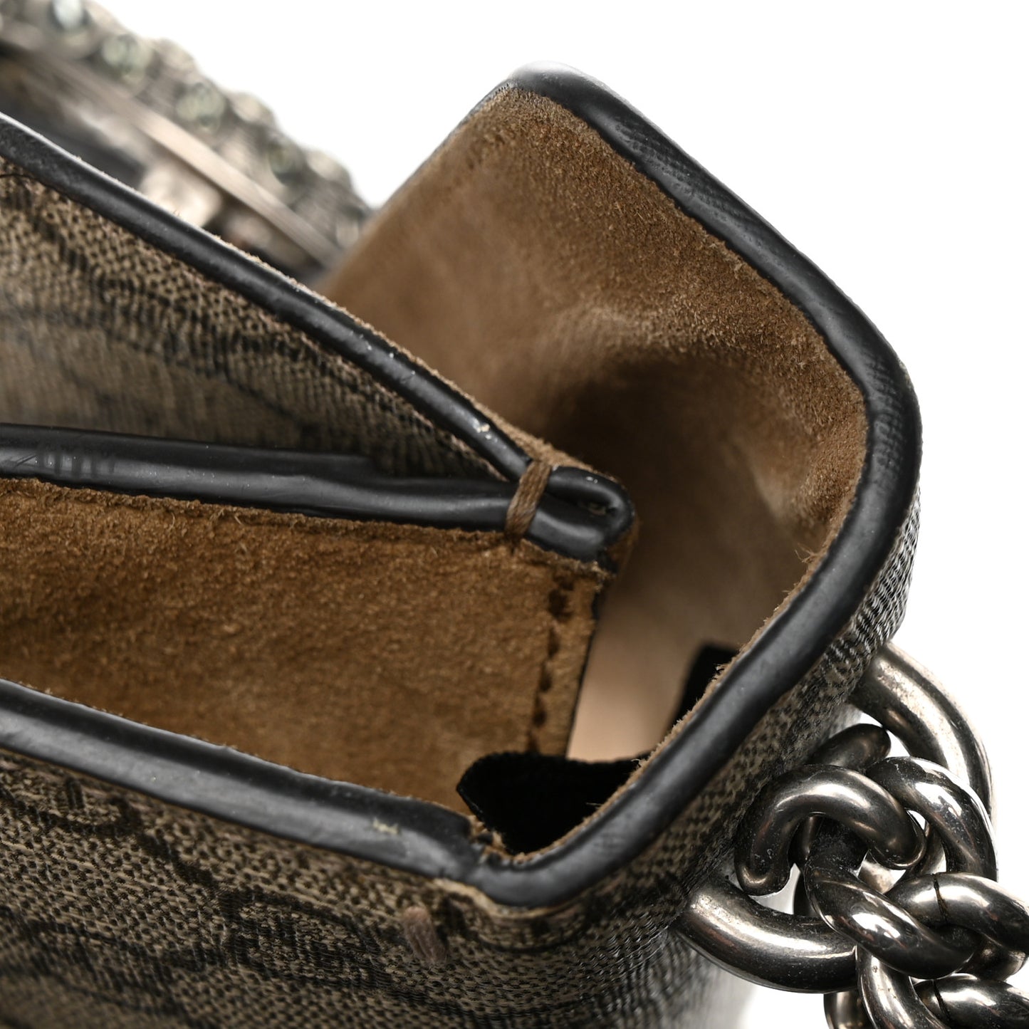 GG Supreme Monogram Suede Crystal Small Dionysus Shoulder Bag Beige Ebony Taupe