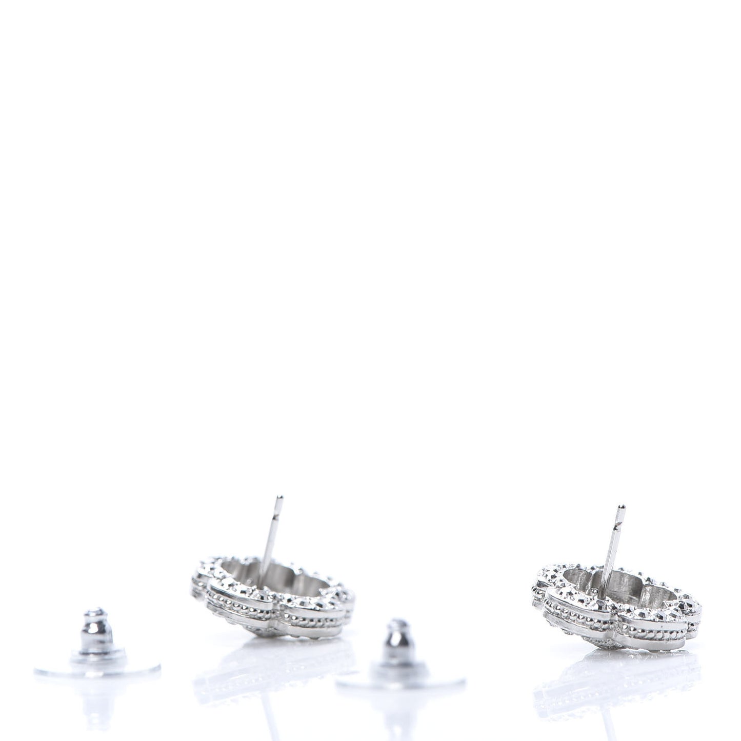 Crystal Coco Flapper Camellia CC Stud Earrings Silver