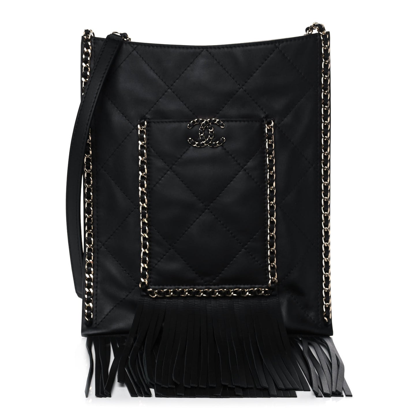 Calfskin Quilted Fringe Small Shopping Bag Black