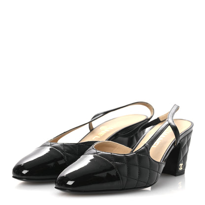 Chanel Lambskin Patent Calfskin Quilted Cap Toe CC Slingback Pumps 38 Black 4 of 11